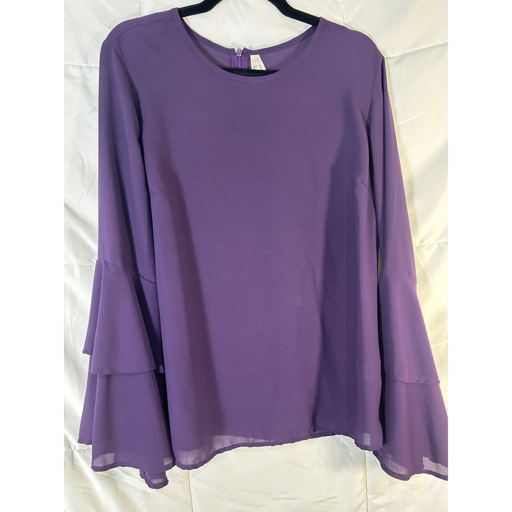 TRUTH NYC Purple Bell Sleeve Ruffle Chiffon Blouse Top Womens Size L